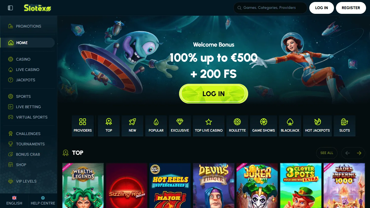 Slotexo Casino desktop game library with casino categories and titles