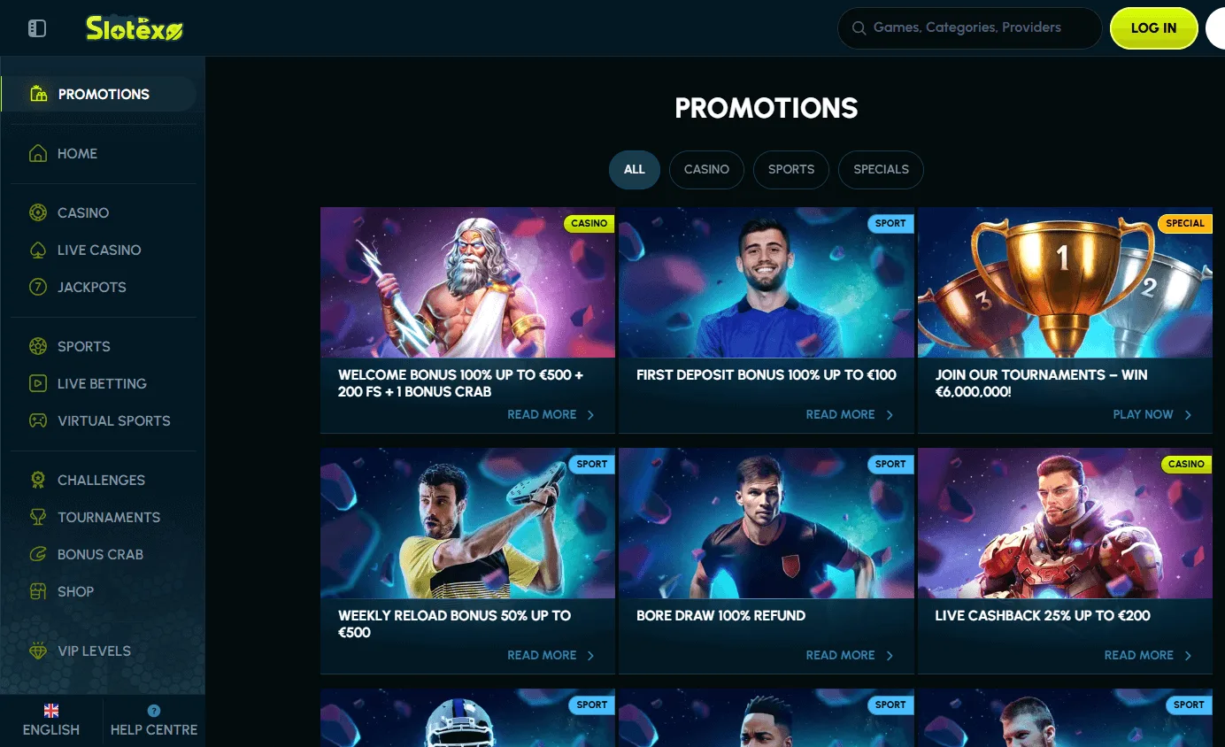 Slotexo Casino desktop promotions area with available casino offers