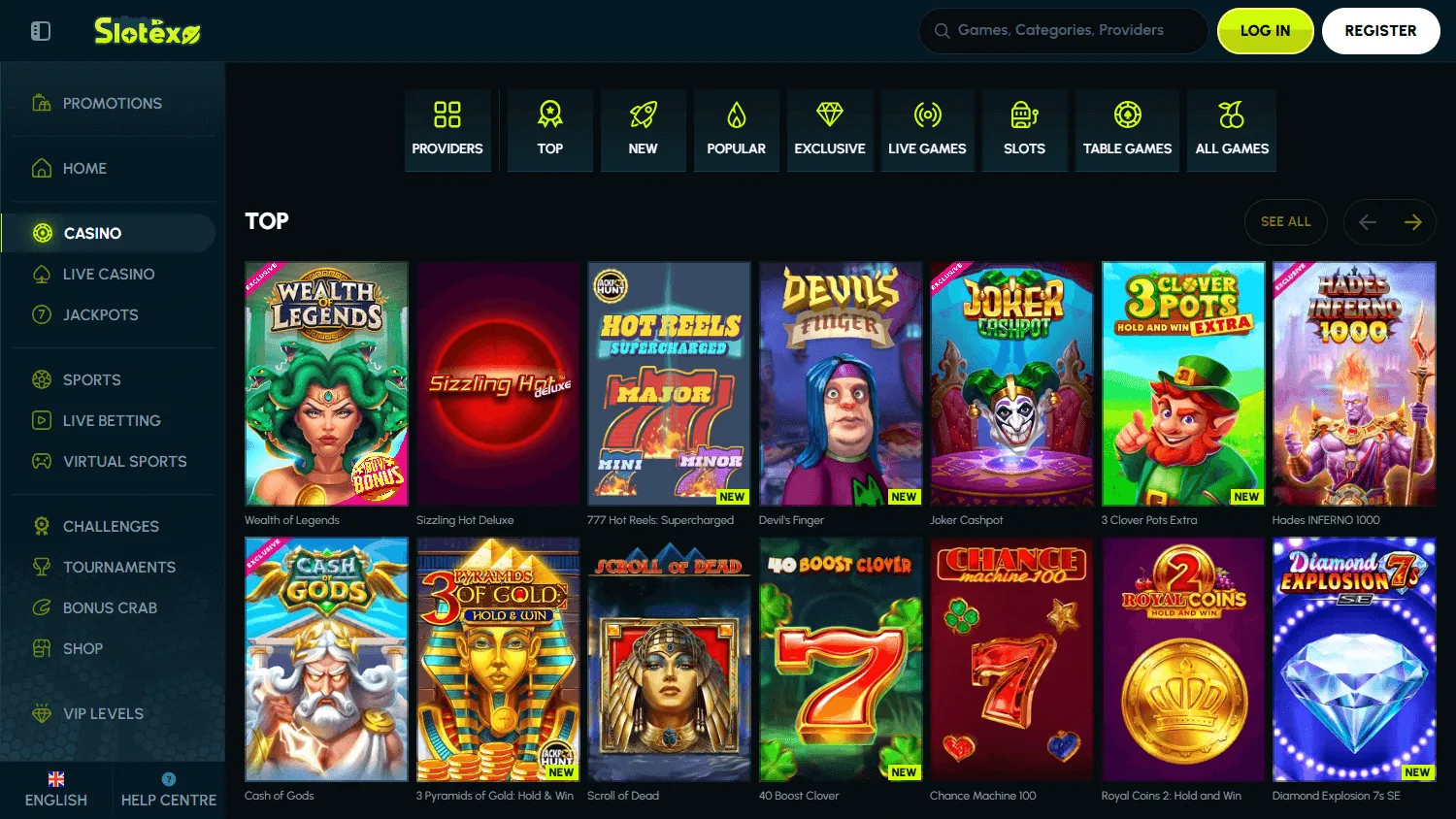 Slotexo Casino desktop selection of casino and live game formats