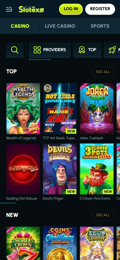 Slotexo Casino mobile game selection with casino categories